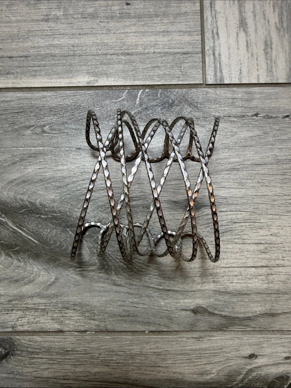 Hammered Open Weave Stretch Cuff Bracelet - Silver Tone